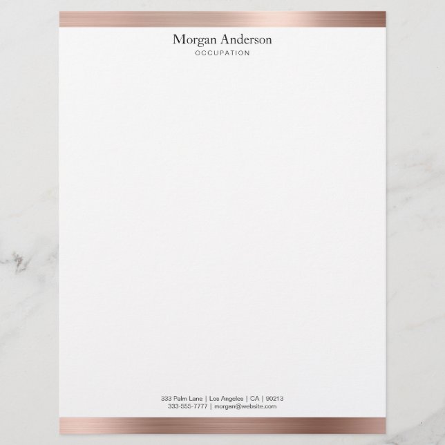 Faux Rose Gold Metal, Black Name Info Custom Letterhead (Front)