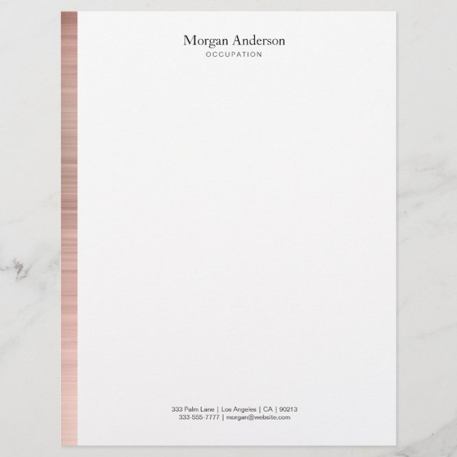 Faux Rose Gold Metal Vertical Stripe Blk Name/Info Custom Letterhead (Front)
