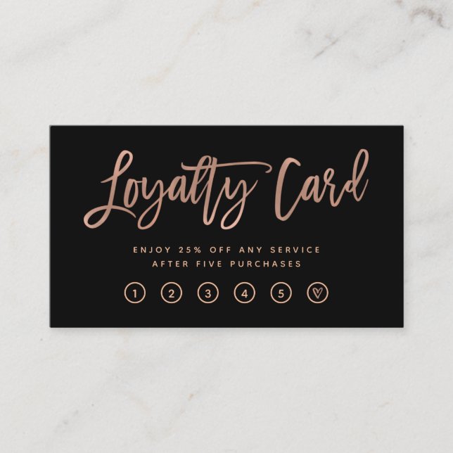 Faux Rose Gold Modern Script on Black Loyalty Card (Front)