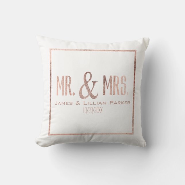 Faux Rose Gold Mr. and Mrs. Monogram Wedding Cushion (Front)