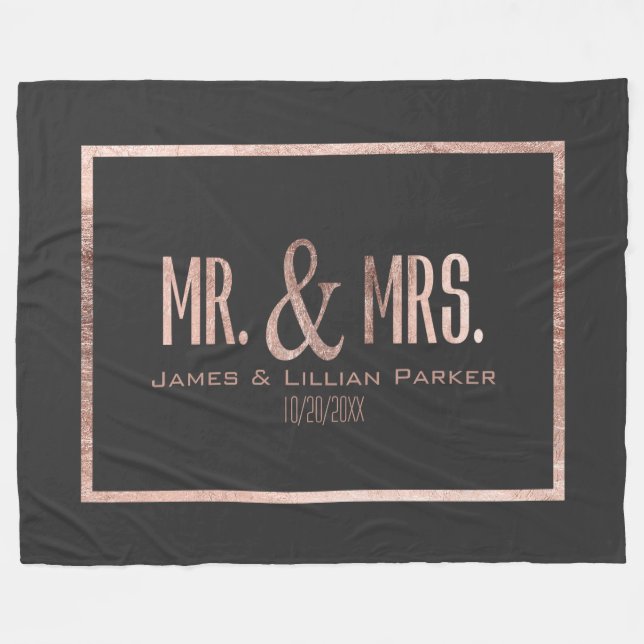 Faux Rose Gold Mr. and Mrs. Monogram Wedding Fleece Blanket (Front (Horizontal))