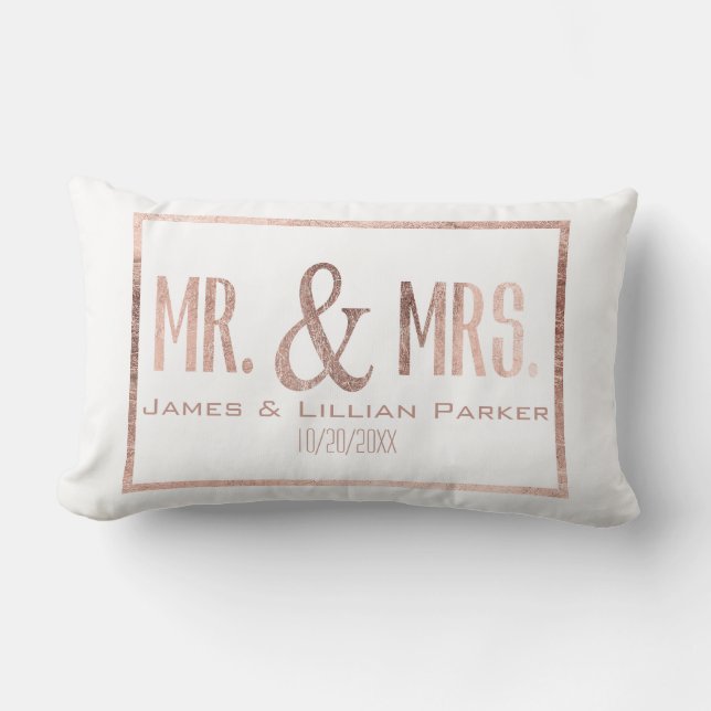 Faux Rose Gold Mr. and Mrs. Monogram Wedding Lumbar Cushion (Front)