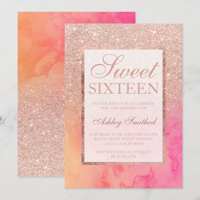 Faux rose gold ombre pink watercolor Sweet 16 Invitation (Front/Back)