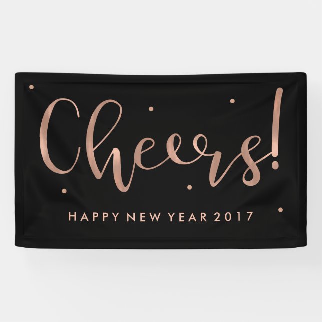 Faux Rose Gold on Black Cheers New Year Banner (Horizontal)