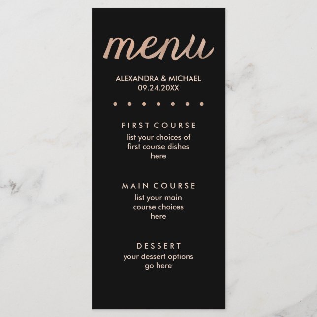 Faux Rose Gold on Black Dotted Wedding Menu (Front)