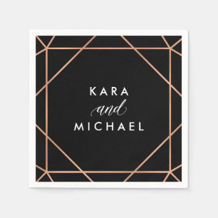 Faux Rose Gold on Black Modern Geometric Wedding Napkin
