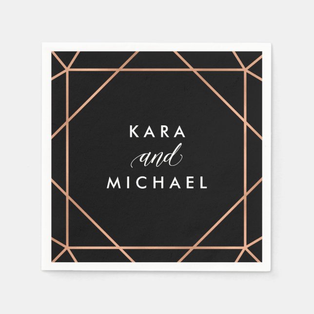 Faux Rose Gold on Black Modern Geometric Wedding Napkin (Front)