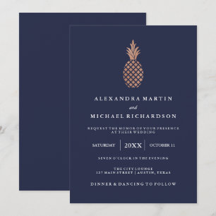 Faux Rose Gold Pineapple on Midnight Blue Wedding Invitation