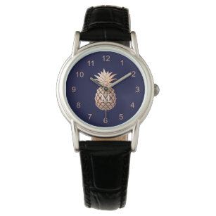 Faux Rose Gold Pineapple on Navy Blue and Monogram Watch