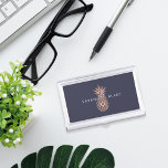 Faux Rose Gold Pineapple | Personalised Business Card Holder<br><div class="desc">Elegant business card holder features your name and/or business name in modern white lettering,  overlaid on a faux rose gold foil illustration on a midnight blue background. Shop matching items from our Pineapple office collection to complete your look!</div>