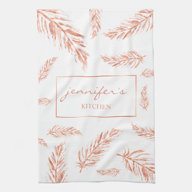 Faux Rose Gold Pink Colour Feathers And Custom Nam Tea Towel (Vertical)