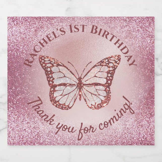 faux rose gold pink glitter Butterfly  Sparkling Wine Label (Single Label)