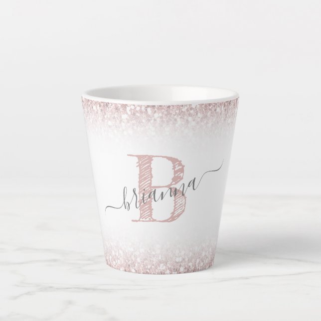 Faux Rose Gold Pink Glitter Monogram Name Girly Latte Mug (Front)