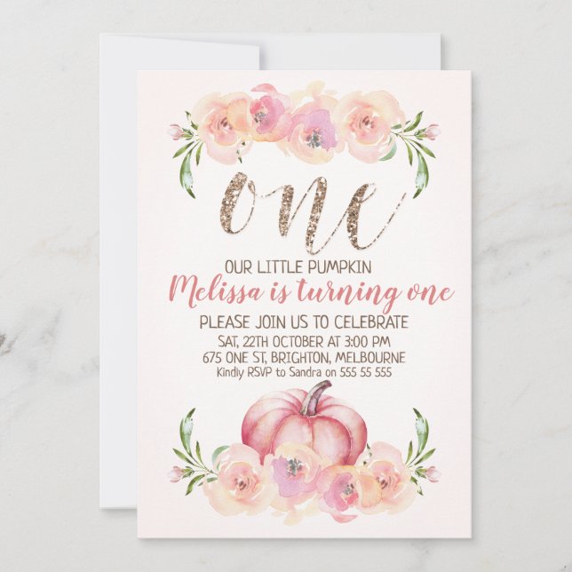 Faux Rose Gold Pumpkin 1st Birthday Invitation (Front)
