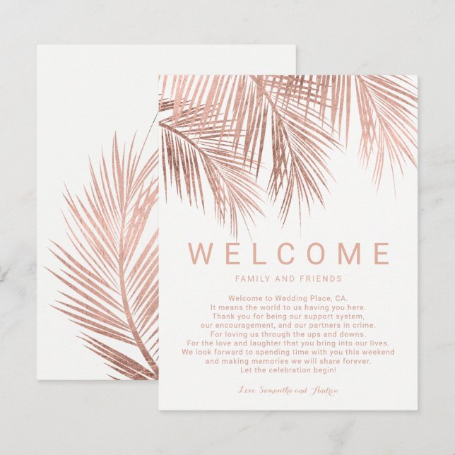 Faux rose gold tropical palm tree welcome wedding invitation (Front/Back)