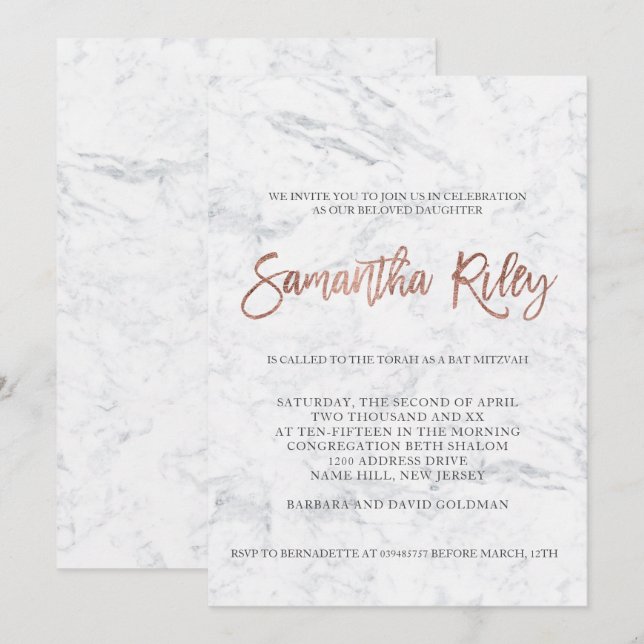 FAUX rose gold typography marble  Bat Mitzvah 4 Invitation (Front/Back)