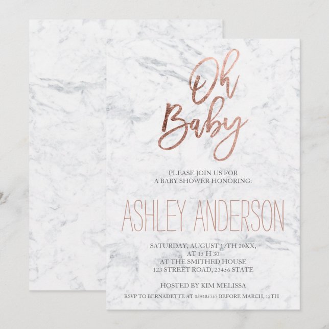 Faux rose gold typography marble chic Baby shower Invitation (Front/Back)