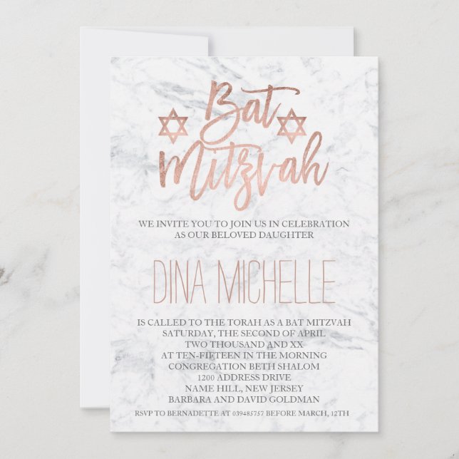 Faux rose gold typography marble chic Bat Mitzvah Invitation (Front)