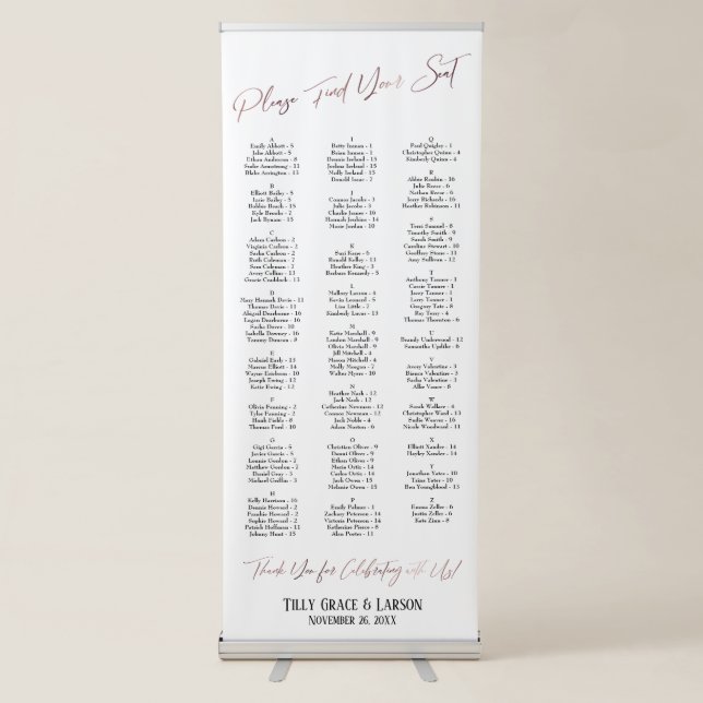Faux Rose Gold Typography Seating Chart 128 Names Retractable Banner (Front)