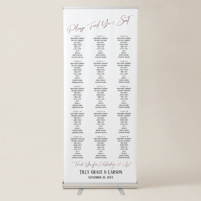 Faux Rose Gold Typography Seating Chart 15 Tables Retractable Banner (Front)