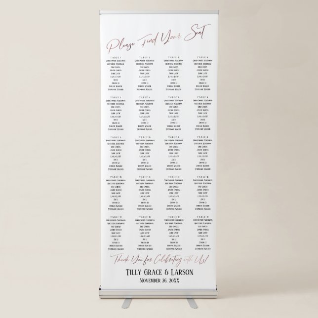 Faux Rose Gold Typography Seating Chart 200 Guests Retractable Banner (Front)