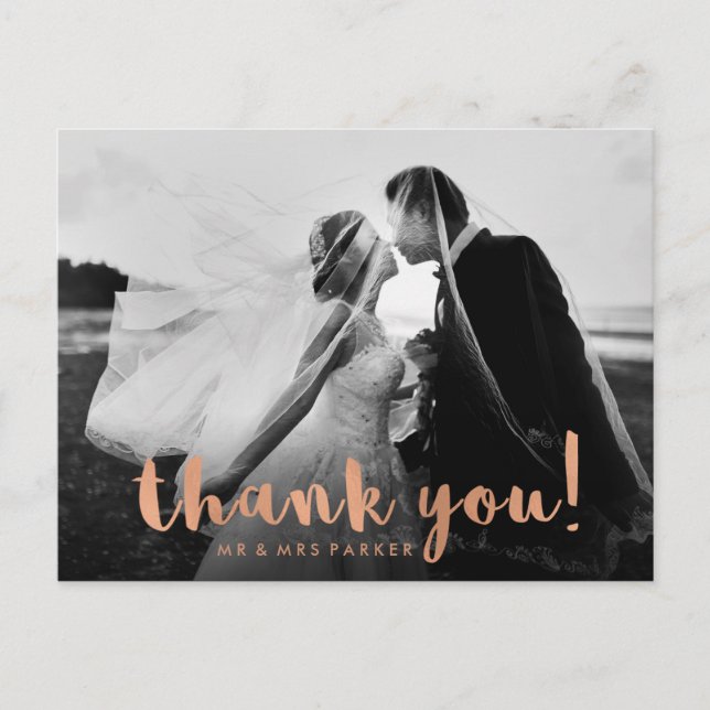 Faux Rose Gold Wedding Thank You with Photo Postcard (Front)