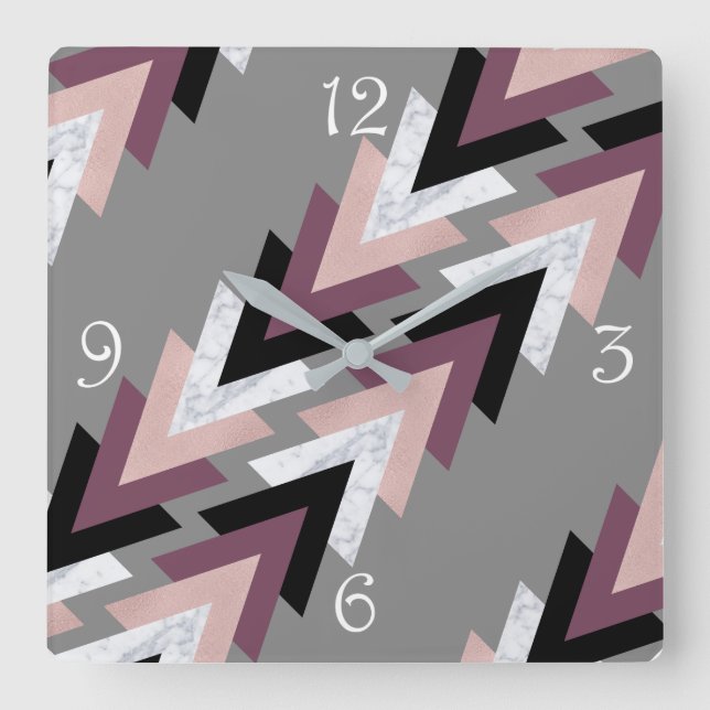 faux rose gold white marble purple black geometric square wall clock (Front)