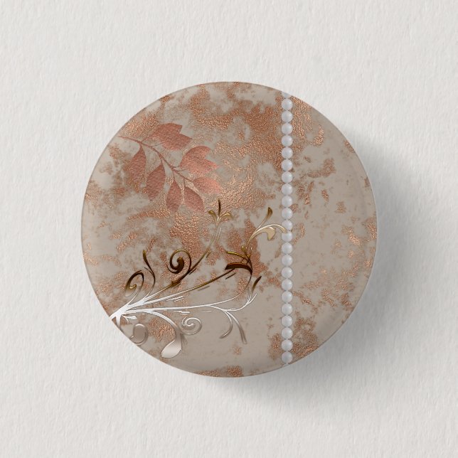 Faux Rose Gold White Pearls Floral Swirl Button (Front)