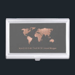 Faux Rose Gold World Map on Smoky Grey Business Card Holder<br><div class="desc">Perfect for anyone working in the field of travel,  this business card holder features a faux rose gold look world map on a modern smoky grey background.</div>