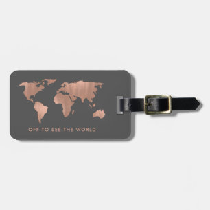Faux Rose Gold World Map on Smoky Grey Luggage Tag