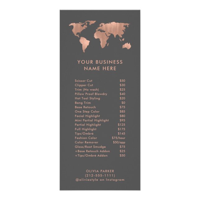 Faux Rose Gold World Map | Price List Service Menu (Front)