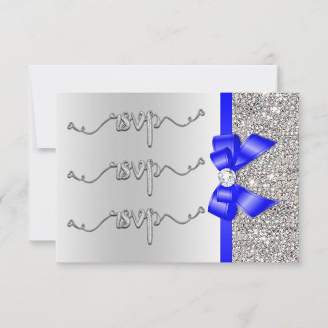 Faux Royal Blue Bow Silver Sequins RSVP Wedding (Front)