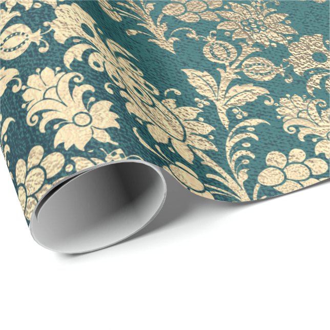 Faux Royal Gold Floral Powder Floral Pearly Teal Wrapping Paper (Roll Corner)