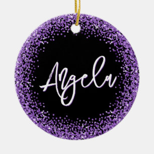 Faux Royal Purple Glitter Black Photo Ceramic Tree Decoration