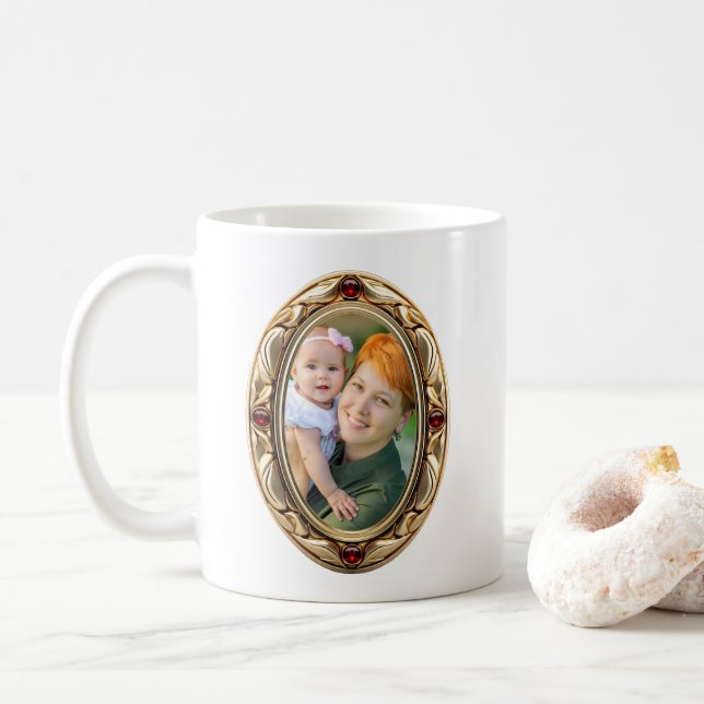 Faux Ruby and Gold Oval Framed Photos Coffee Mug (With Donut)