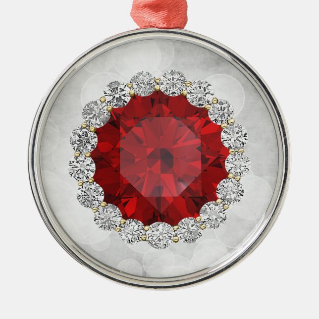 Faux Ruby & Diamonds Silver Bokeh Metal Tree Decoration (Front)