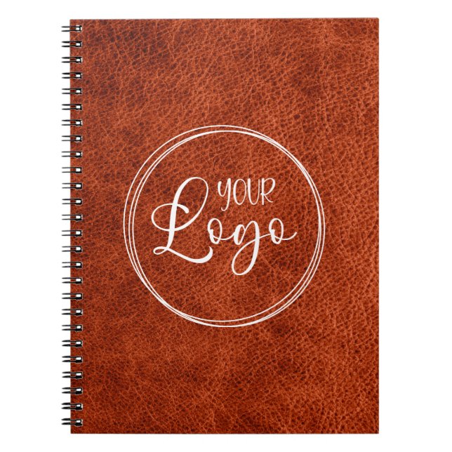 Faux Rust Brown Leather Modern Business Logo Notebook (Front)