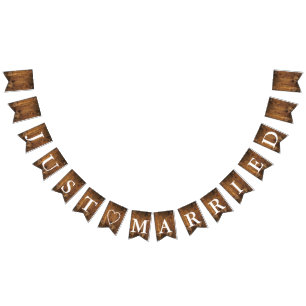 Faux Rustic Barn Wood Just Married Wedding Bunting