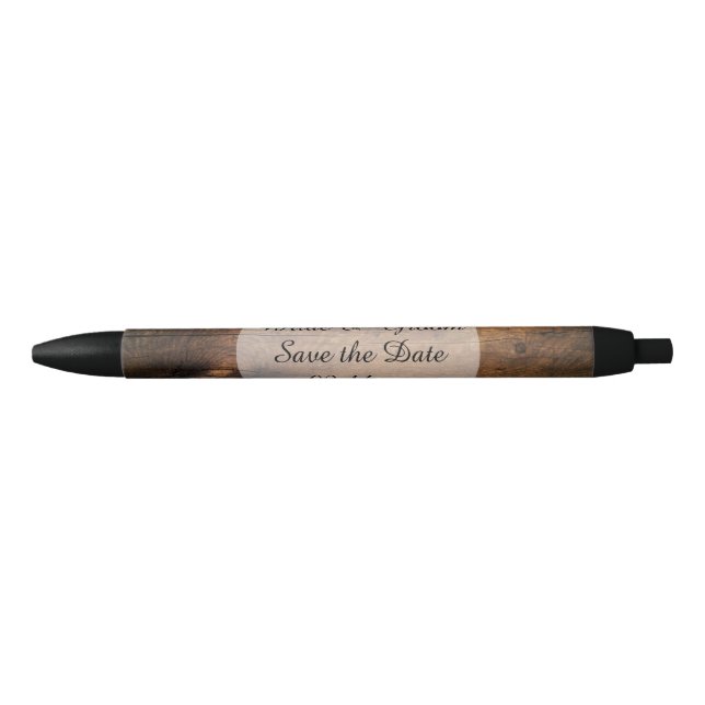 Faux Rustic Barn Wood Wedding Save the Date Black Ink Pen (Front)