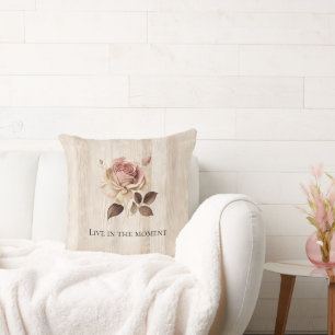 Faux Rustic Cream Pink Rose Wood   Cushion