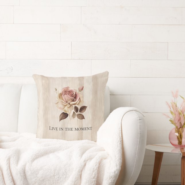 Faux Rustic Cream Pink Rose Wood   Cushion (Couch)