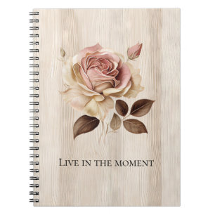 Faux Rustic Cream Pink Rose Wood Notebook