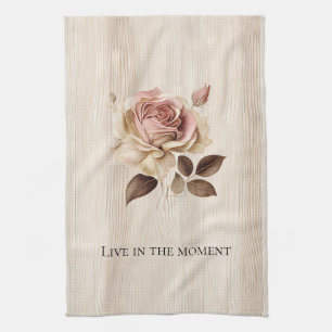 Faux Rustic Cream Pink Rose Wood   Tea Towel
