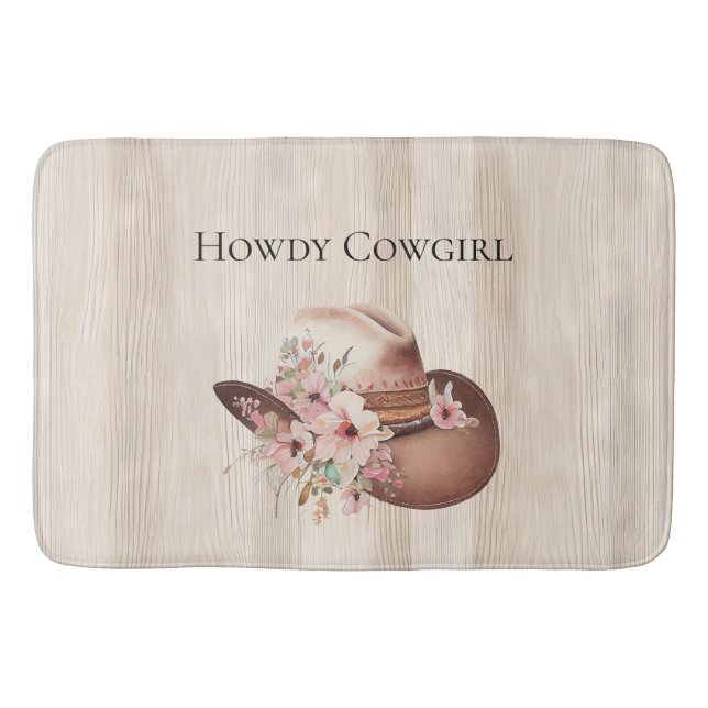 Faux Rustic Cream Wood Pink Rose Cowgirl  Bath Mat (Front)