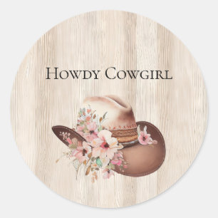 Faux Rustic Cream Wood Pink Rose Cowgirl  Classic Round Sticker