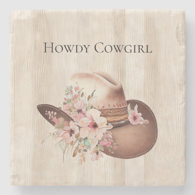 Faux Rustic Cream Wood Pink Rose Cowgirl  Stone Coaster (Front)