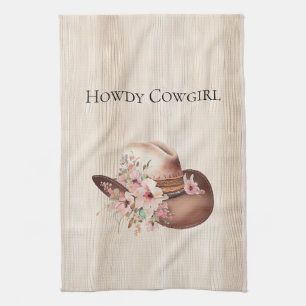 Faux Rustic Cream Wood Pink Rose Cowgirl  Tea Towel