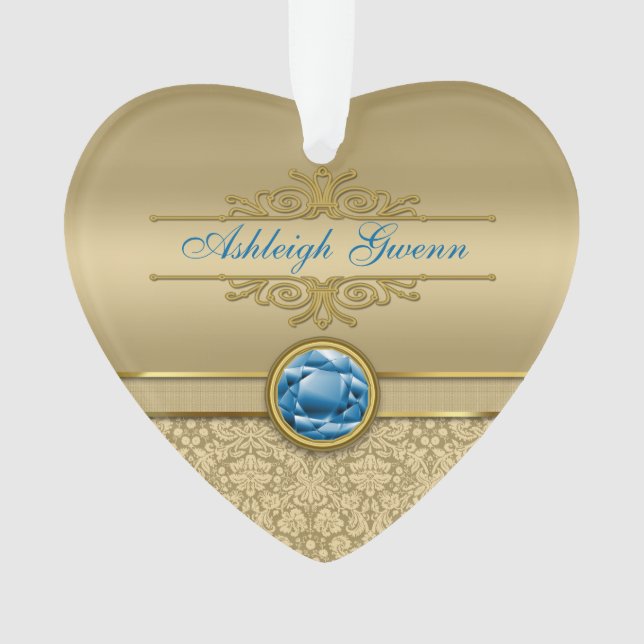 Faux Sapphire Blue Gemstone Metallic Gold Damask Ornament (Front)