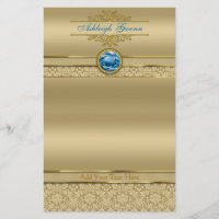 Faux Sapphire Blue Gemstone Metallic Gold Damask