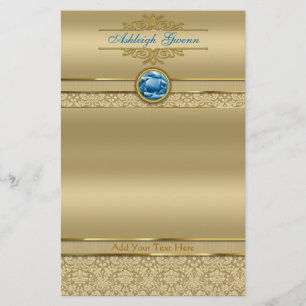 Faux Sapphire Blue Gemstone Metallic Gold Damask Stationery